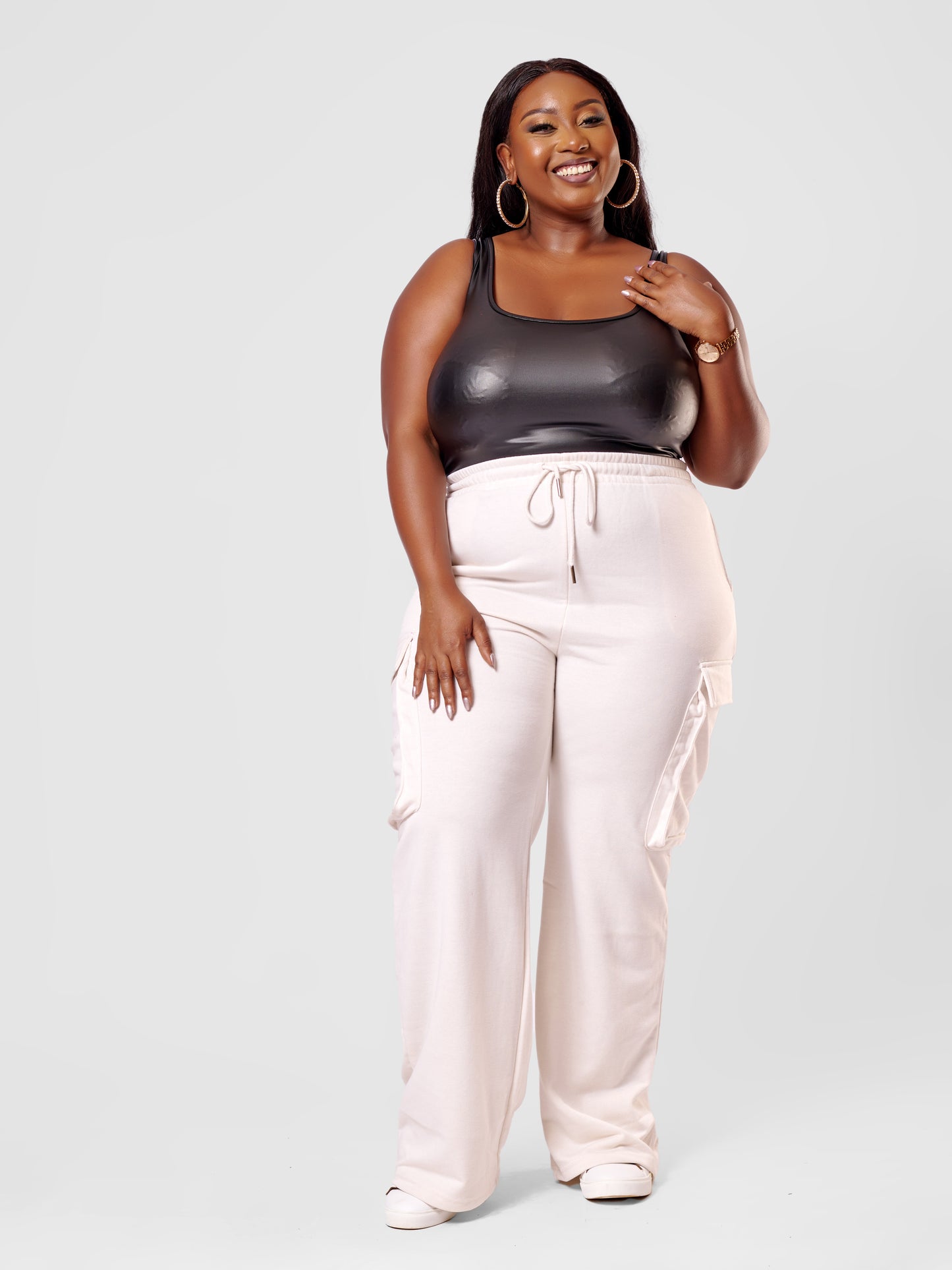 City Chic Wide Leg Cargo Sweatpants - Ivory