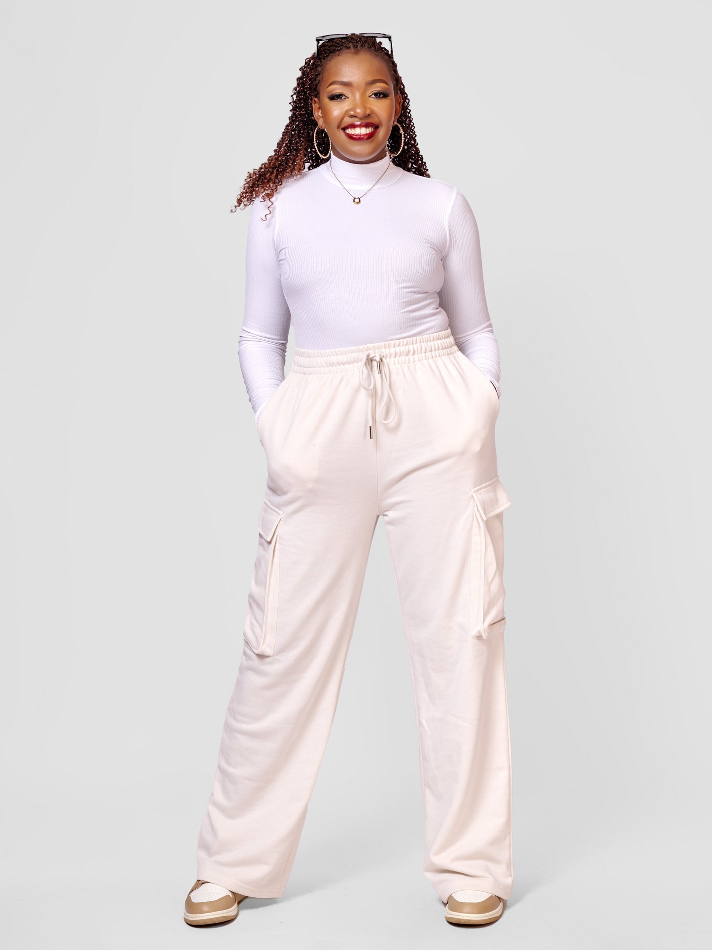 City Chic Wide Leg Cargo Sweatpants - Ivory