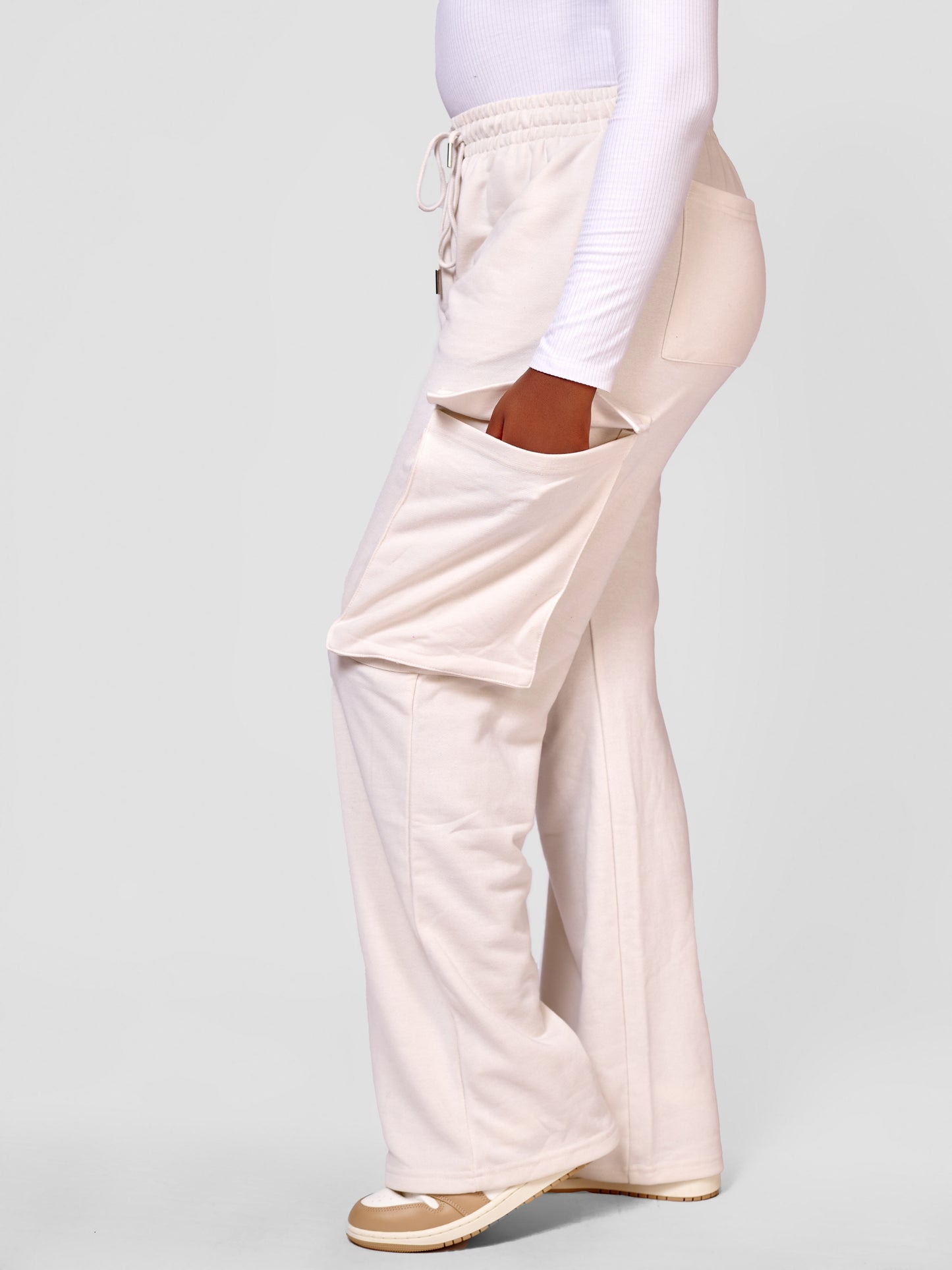 City Chic Wide Leg Cargo Sweatpants - Ivory
